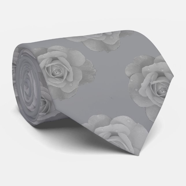 Black And White Grey Floral Grey Rose Flowers Cool Tie (Rolled)