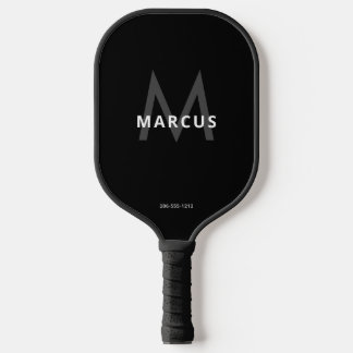 Black and White Grey Simple Modern Monogram Pickleball Paddle