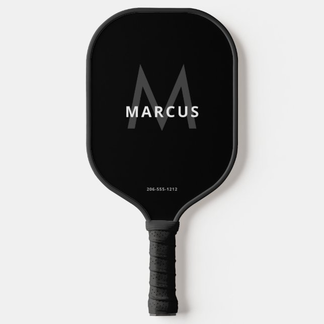 Black and White Grey Simple Modern Monogram Pickleball Paddle (Front)
