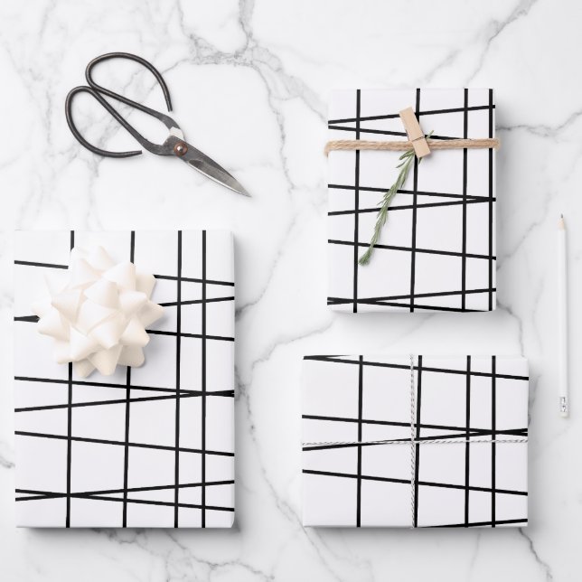 Black and White Grid Lines Wrapping Paper Sheet (Front)