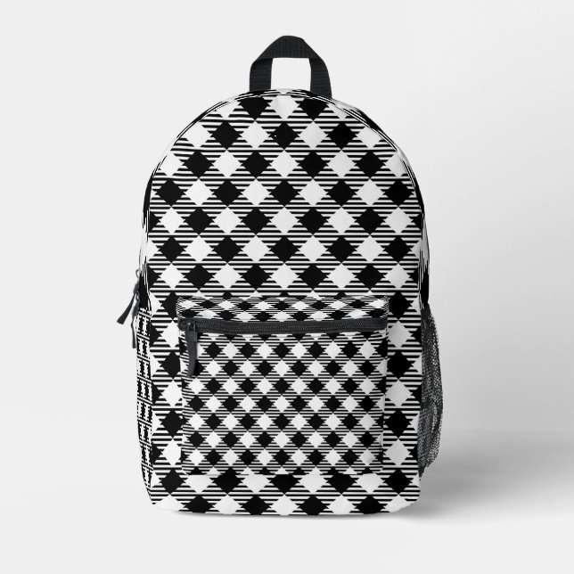 Black and White grid monogram Printed Backpack (Front)