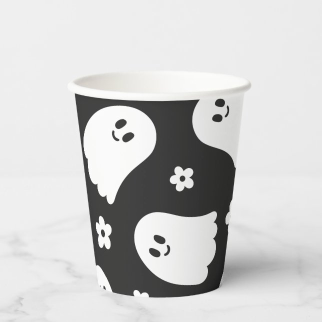Black and White Groovy Ghost and Flowers Paper cup (Front)
