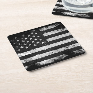 Black and White Grunge American Flag Square Paper Coaster