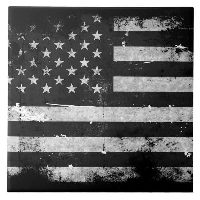Black and White Grunge American Flag Tile (Front)