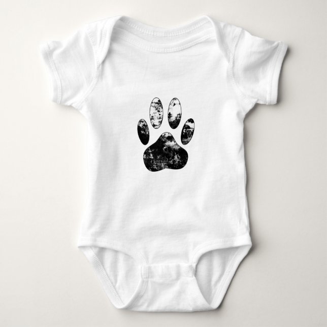 Black and White Grunge Dog Paw Print Baby Bodysuit (Front)