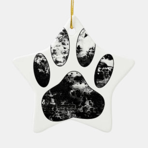 Black and White Grunge Dog Paw Print Ceramic Ornament