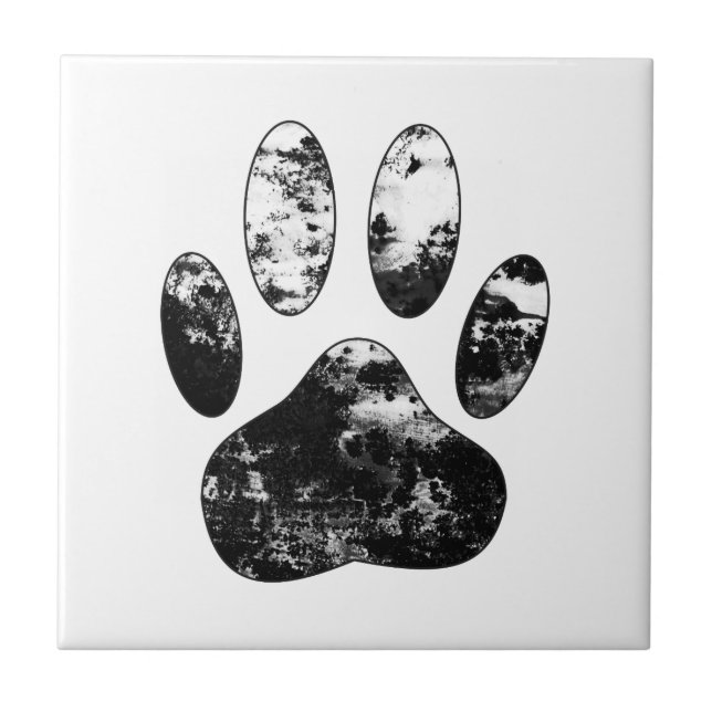 Black and White Grunge Dog Paw Print Ceramic Tile (Front)