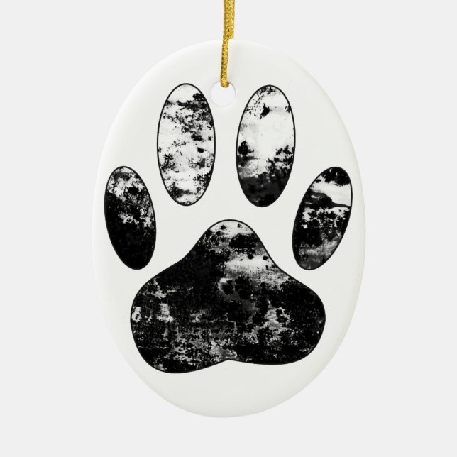 Black and White Grunge Dog Paw Print Ceramic Tree Decoration (Front)