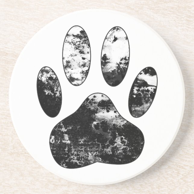 Black and White Grunge Dog Paw Print Coaster (Front)
