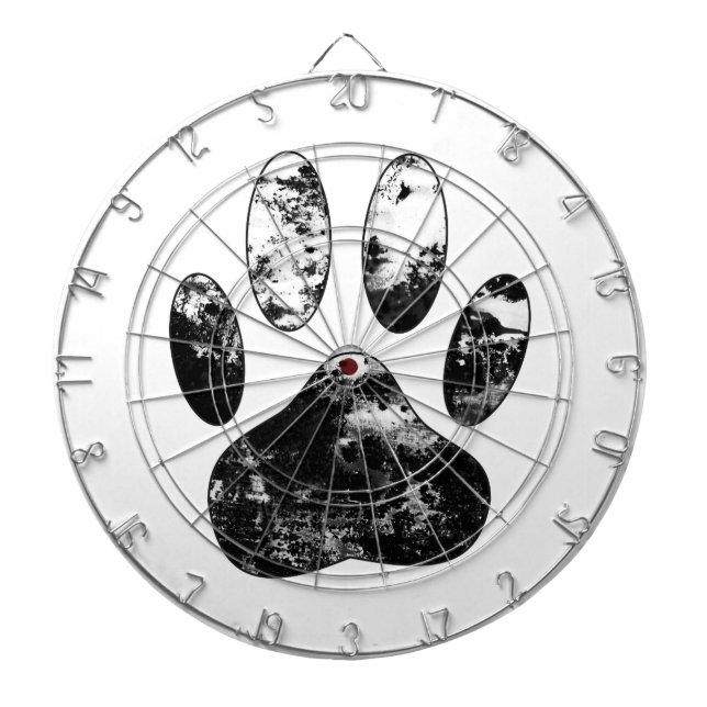 Black and White Grunge Dog Paw Print Dartboard (Front)