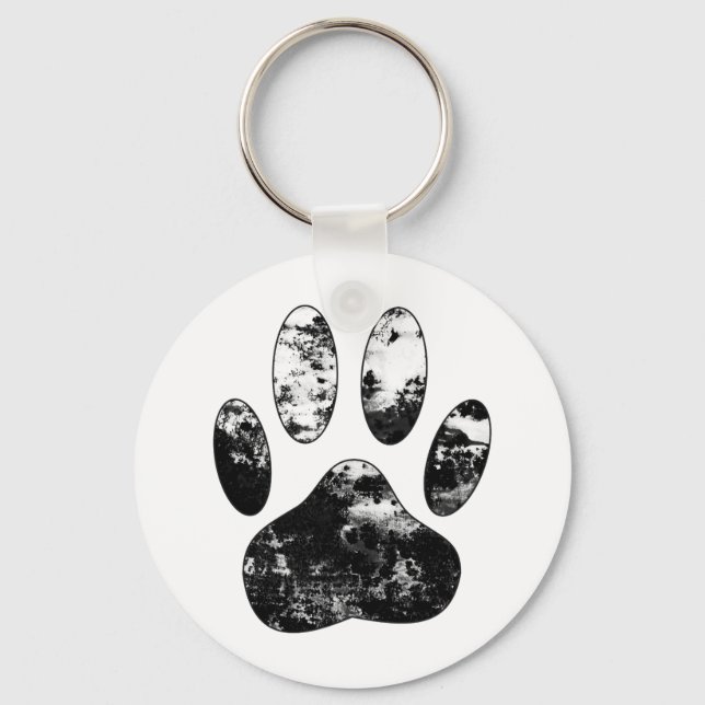 Black and White Grunge Dog Paw Print Key Ring (Front)