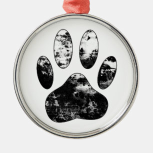 Black and White Grunge Dog Paw Print Metal Ornament