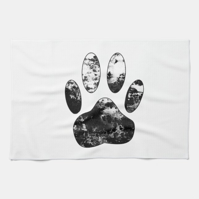 Black and White Grunge Dog Paw Print Tea Towel (Horizontal)
