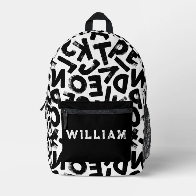 Black and White Grunge Graffiti Letters Cool Teens Printed Backpack (Front)