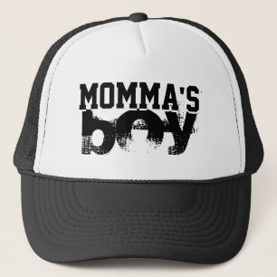 black and white grunge MOMMA'S BOY lettering Trucker Hat