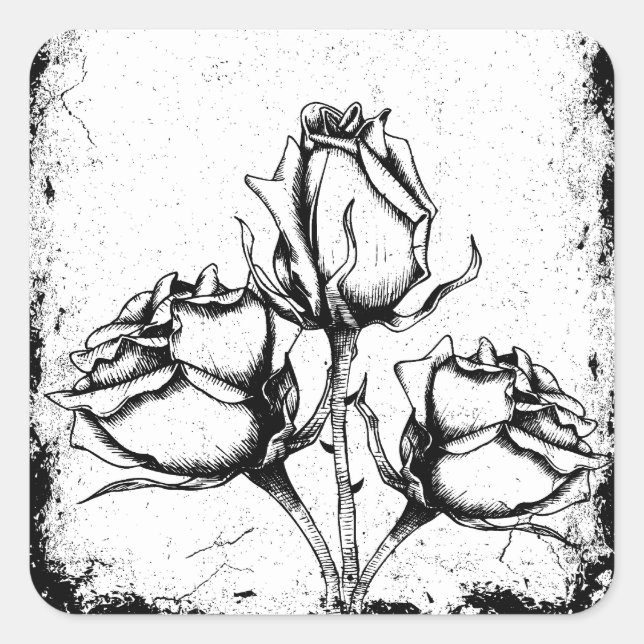 Black and White Grunge Roses Square Sticker (Front)