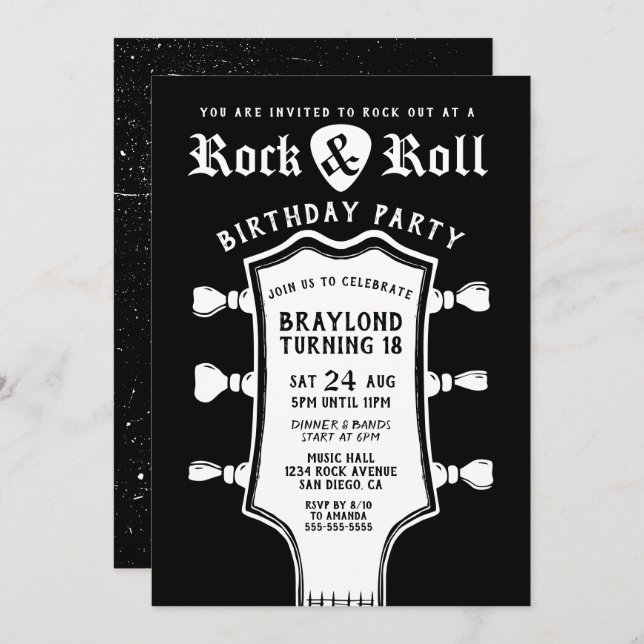 Black and White Guitar Birthday Invitation (Front/Back)