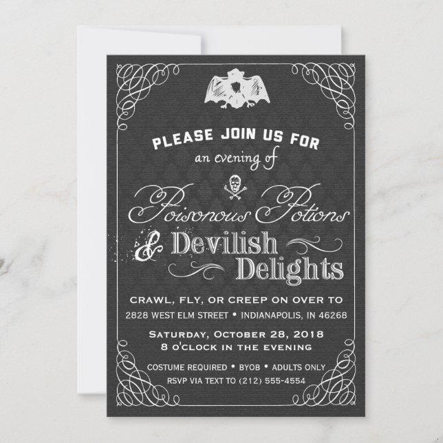Black and White Halloween Classy Fancy Damask Invitation (Front)