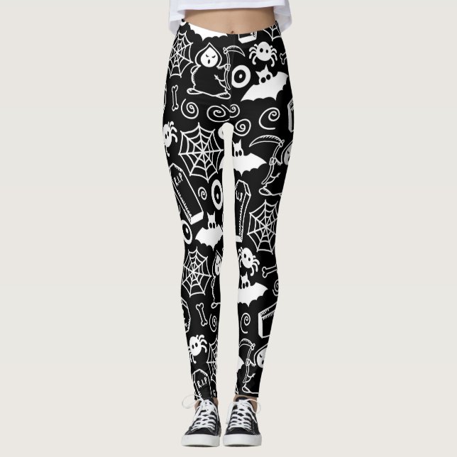 BLACK AND WHITE HALLOWEEN DOODLES LEGGINGS (Front)