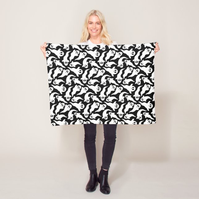  Black and White Halloween Ghost Pattern Fleece Blanket (In Situ)