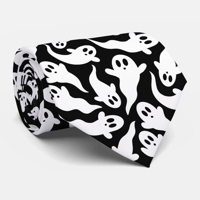  Black and White Halloween Ghost Pattern Tie (Rolled)