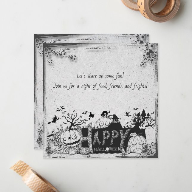 Black and White Halloween Invitation (Front/Back In Situ)