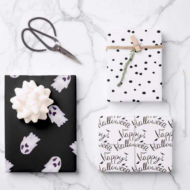 Black and White Halloween Patterns Wrapping Paper Sheet (Front)