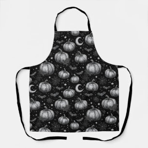 Black and White Halloween Pumpkin, Bat, Spiderweb Apron