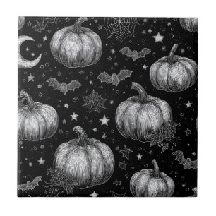 Black and White Halloween Pumpkin, Bat, Spiderweb Ceramic Tile