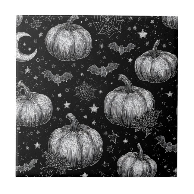 Black and White Halloween Pumpkin, Bat, Spiderweb Ceramic Tile (Front)