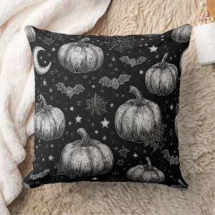 Black and White Halloween Pumpkin, Bat, Spiderweb Cushion