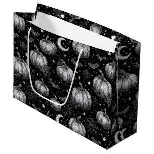 Black and White Halloween Pumpkin, Bat, Spiderweb Large Gift Bag