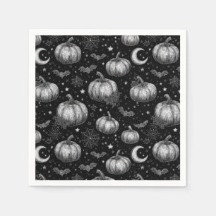 Black and White Halloween Pumpkin, Bat, Spiderweb Napkin