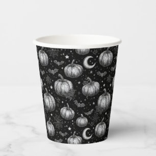 Black and White Halloween Pumpkin, Bat, Spiderweb Paper Cups