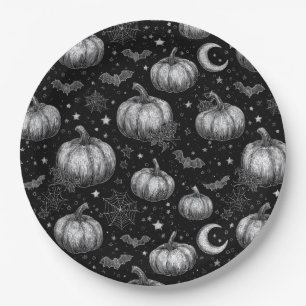Black and White Halloween Pumpkin, Bat, Spiderweb Paper Plate