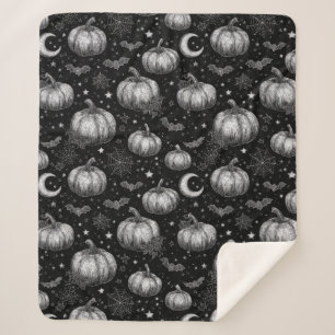Black and White Halloween Pumpkin, Bat, Spiderweb Sherpa Blanket