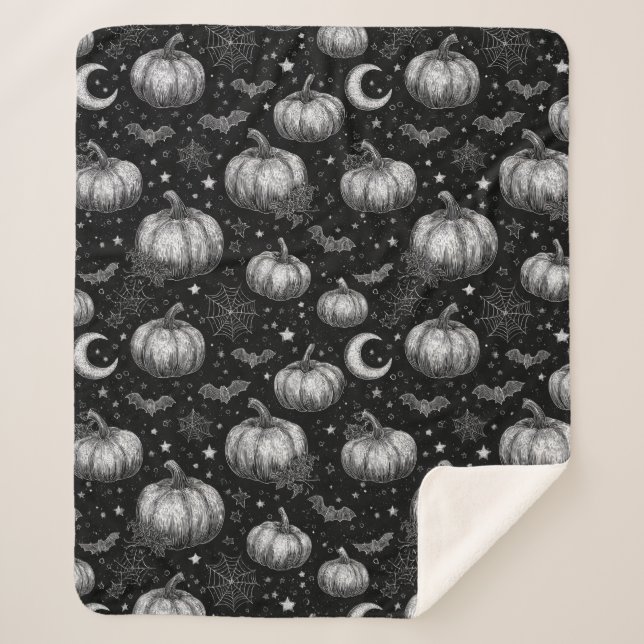 Black and White Halloween Pumpkin, Bat, Spiderweb Sherpa Blanket (Front)