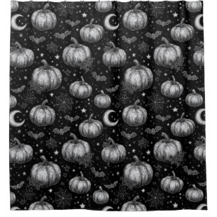 Black and White Halloween Pumpkin, Bat, Spiderweb Shower Curtain