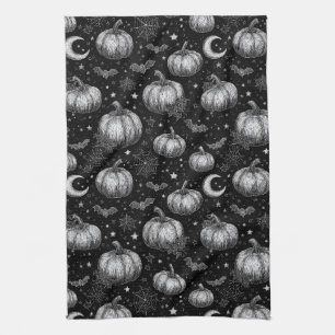 Black and White Halloween Pumpkin, Bat, Spiderweb Tea Towel