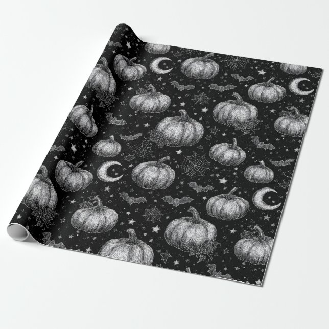Black and White Halloween Pumpkin, Bat, Spiderweb Wrapping Paper (Unrolled)
