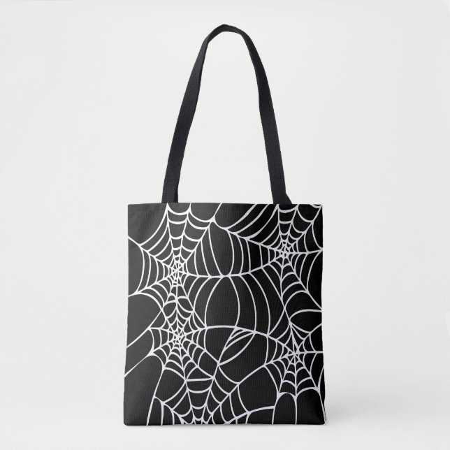 Black and white Halloween Spider Web Goth Tote Bag (Front)