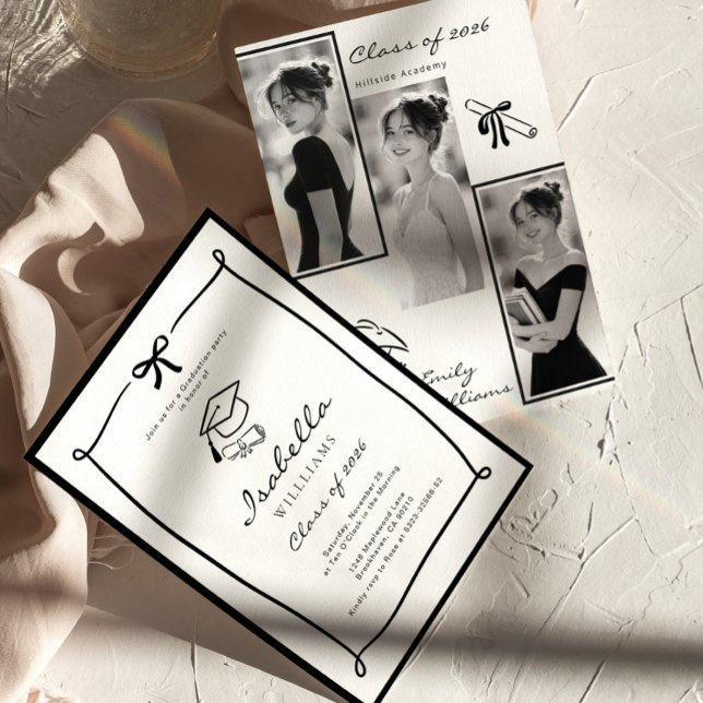 Black and White Hand Drawn Bow graduation Invitation (Creator Uploaded)