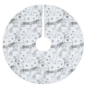 Black and white Hand drawn cats & Christmas tree Brushed Polyester Tree Skirt