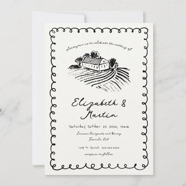 Black and White Hand Drawn Funky Vineyard Wedding Invitation (Front)