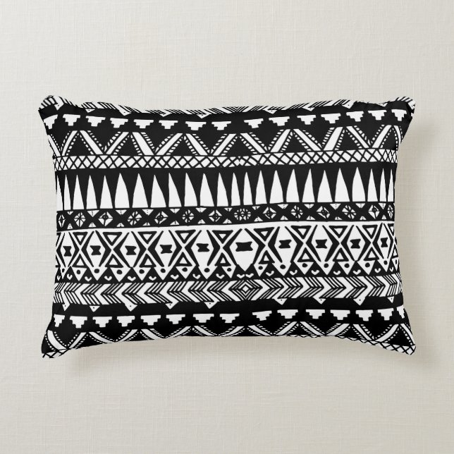 Black and White Hand Drawn Modern Tribal Aztec Decorative Cushion (Front)