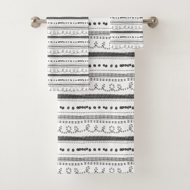 Black and White Hand Drawn Scandinavian Print Bath Towel Set (Insitu)