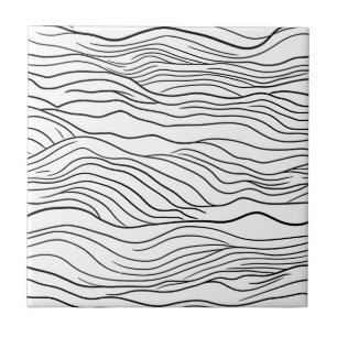 Black and White Hand-Drawn Wavy Line Pattern Ceramic Tile
