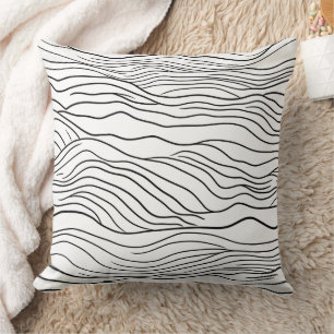 Black and White Hand-Drawn Wavy Line Pattern Cushion