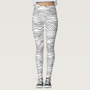 Black and White Hand-Drawn Wavy Line Pattern Leggings