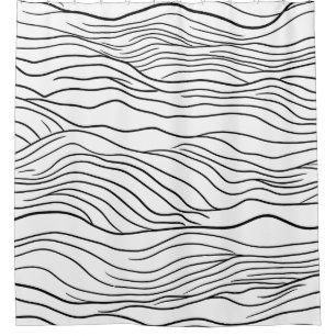 Black and White Hand-Drawn Wavy Line Pattern Shower Curtain
